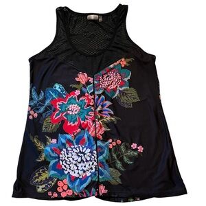 Nanette Lepore Tank Top Black Floral with Mesh Top Size Large